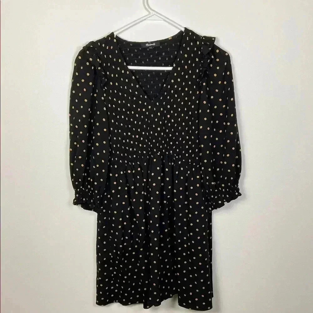 Madewell Women's XXS Black Tan Polka Dot 3/4 Sleeve Above Knee Dress Casual - Picture 1 of 9